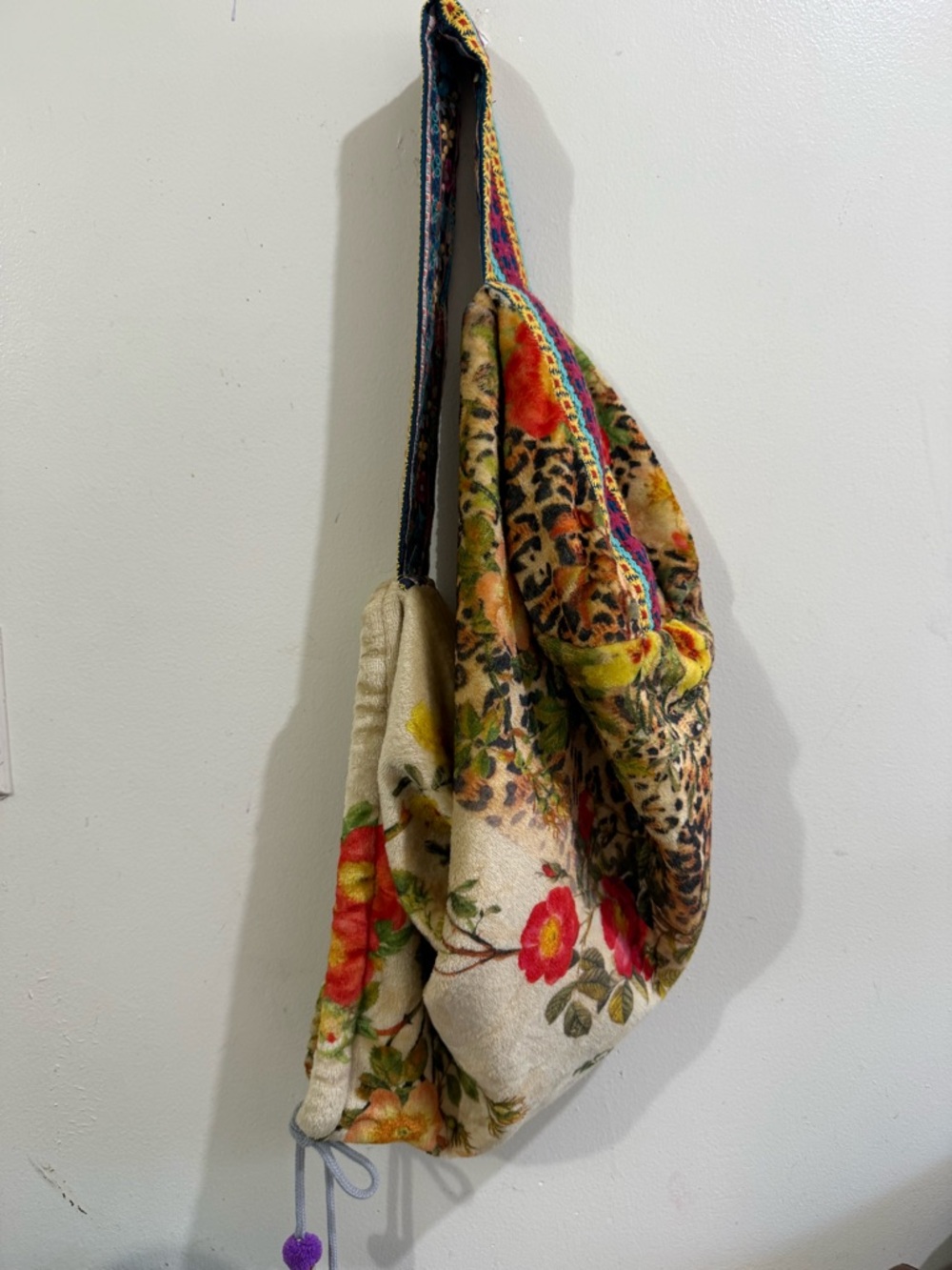 Johnny Was Cream Shoulder Bag with Floral, Leopard & Multicolor Trim